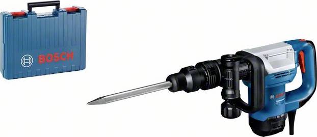 Un marteau-piqueur bleu Bosch avec un burin, à côté d'un coffret de transport assorti.