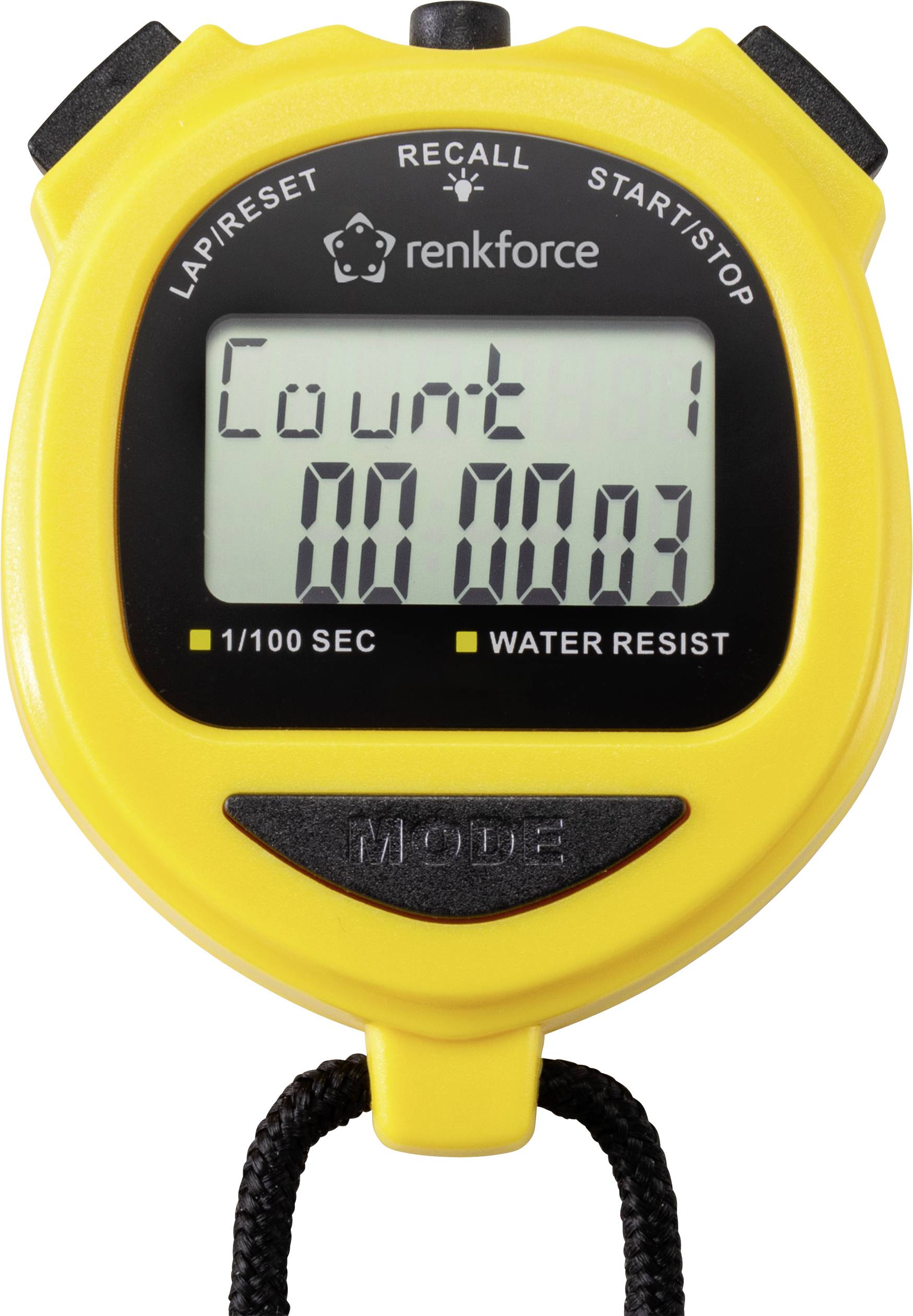 Chronomètre jaune avec affichage numérique montrant 'Count 1' et '00:00.03'. Fonctions : Départ/Arrêt, Rappel, Tour/Réinitialisation.