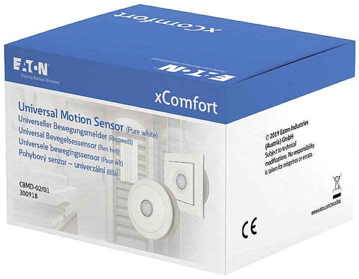 Emballage d'un capteur de mouvement universel de la marque xComfort d'Eaton, présentant une image du produit et un étiquetage multilingue.