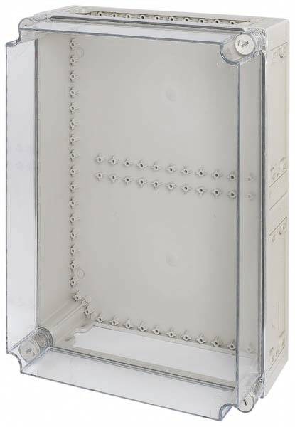 Un boîtier rectangulaire en plastique transparent, adapté pour protéger des composants électriques.
