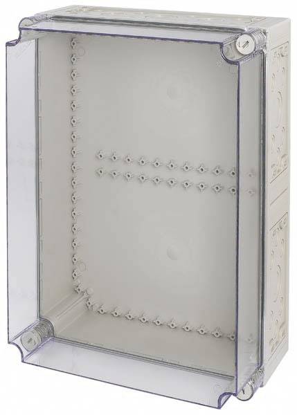 Boîte en plastique transparent, rectangulaire, avec fixations latérales à vis, adaptée aux installations électriques.
