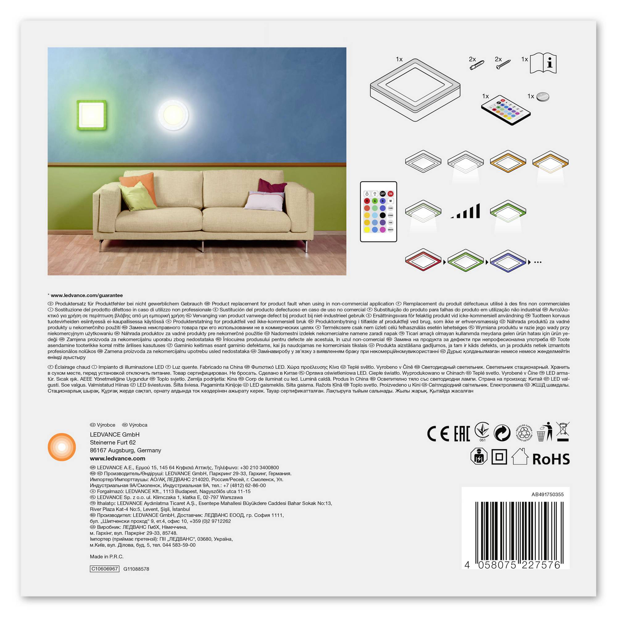 LEDVANCE LED COLOR WHITE SQ 200MM 19W LEDV 4058075227576 Applique LED 19 W blanc