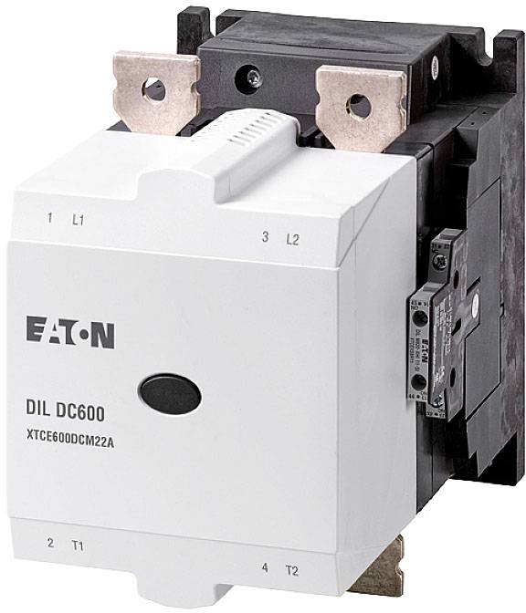 Un contacteur de marque Eaton, modèle DIL DC600, présente des connexions et des boutons de commande. Principalement utilisé pour les commandes électriques.