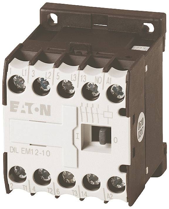 Un contacteur électrique Eaton, de type DIL EM12-10, avec plusieurs bornes et un interrupteur sur le devant.