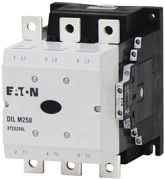 Protection de marque Eaton, modèle DIL M250. Conception compacte avec boîtier noir et blanc, bornes de connexion visibles.