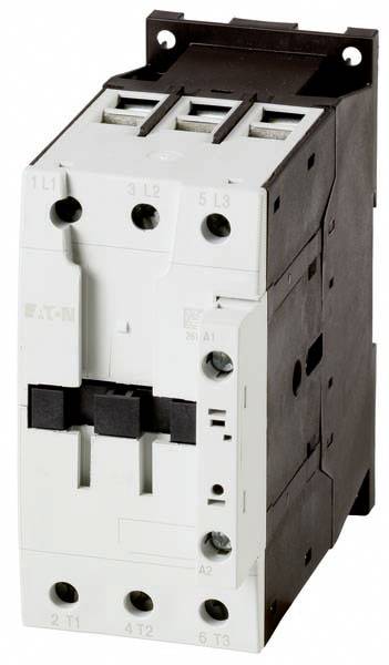 Un contacteur électrique blanc avec des bornes noires, adapté pour la commande d'un moteur triphasé dans des applications industrielles.