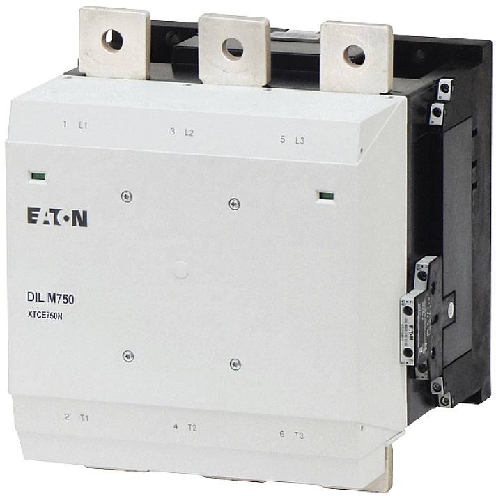 Un contacteur blanc de puissance portant l'inscription 'Eaton DIL M750 XTCE750N', avec des bornes en haut.
