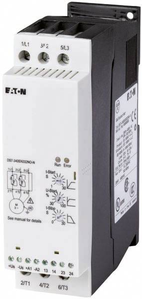 Un appareil électrique blanc de Eaton avec des éléments noirs et plusieurs connexions et symboles pour applications techniques.