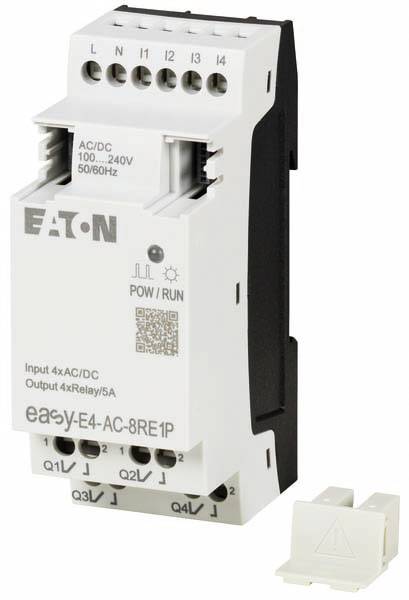 Un relais de commande blanc de EATON avec plusieurs points de connexion, adapté pour AC/DC, Entrée 4xAC/DC, Sortie 4xRelais/5A.