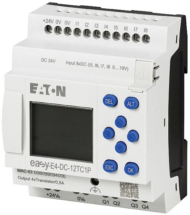 L'image montre une unité de commande programmable d'Eaton, modèle EASY-E4-DC-12TC1P, avec un écran et plusieurs touches de fonction bleues.