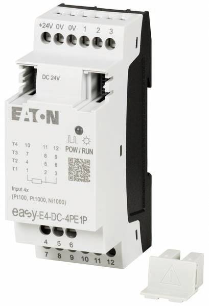 Appareil d'automatisation industrielle d'Eaton, modèle easy-E4-DC-4PE1P, montrant les connexions et spécifications pour les entrées et l'alimentation électrique.