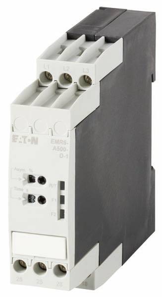 Composant électrique noir et gris avec l'étiquette 'EATON EMR5', montrant des connexions en haut et des touches à l'avant.