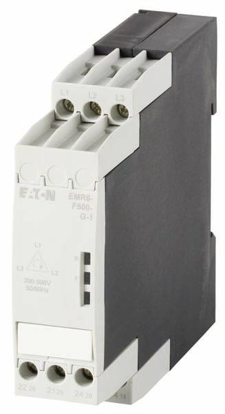 Un relais électrique Eaton, modèle EMR6-P500-G-1. Présente des bornes de connexion et une plage de tension de 200-500 V, 50-60 Hz.