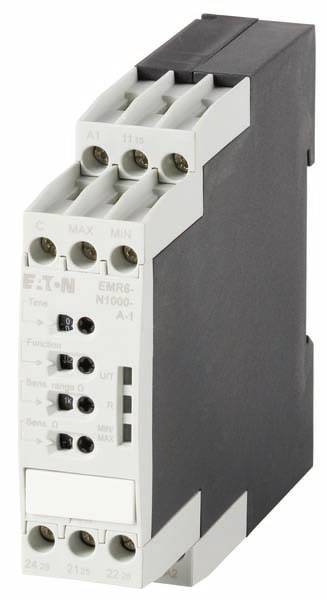 Relais électrique compact d'Eaton avec plusieurs bornes de connexion et éléments de commande, adapté aux applications de contrôle industriel.