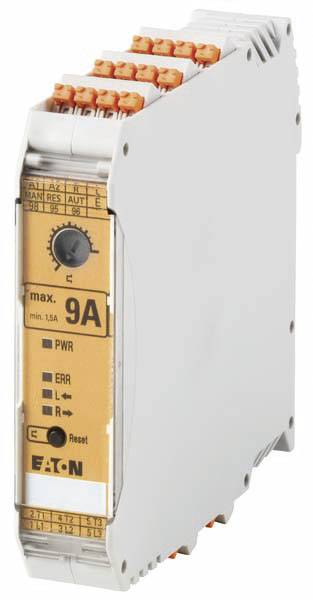 Appareil électronique avec façade orange et grise, marqué 'max. 9A' et logo 'EATON'. Utilisé pour les commandes électriques.