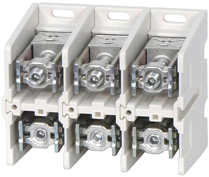 Borne de connexion de câble tripolaire en plastique et métal, adaptée aux installations électriques industrielles.