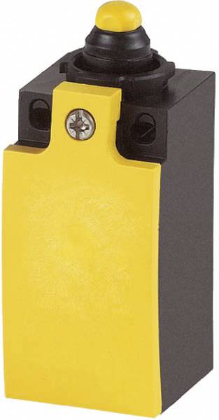 Interrupteur à bouton-poussoir jaune et noir avec boîtier rectangulaire et bouton rond jaune en haut.