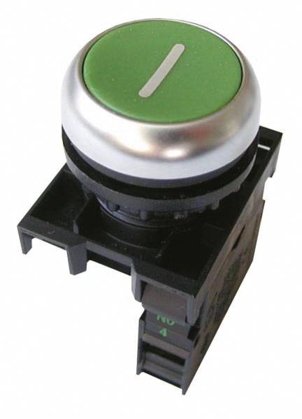 Un bouton-poussoir vert pour applications industrielles, intégré dans un support noir.