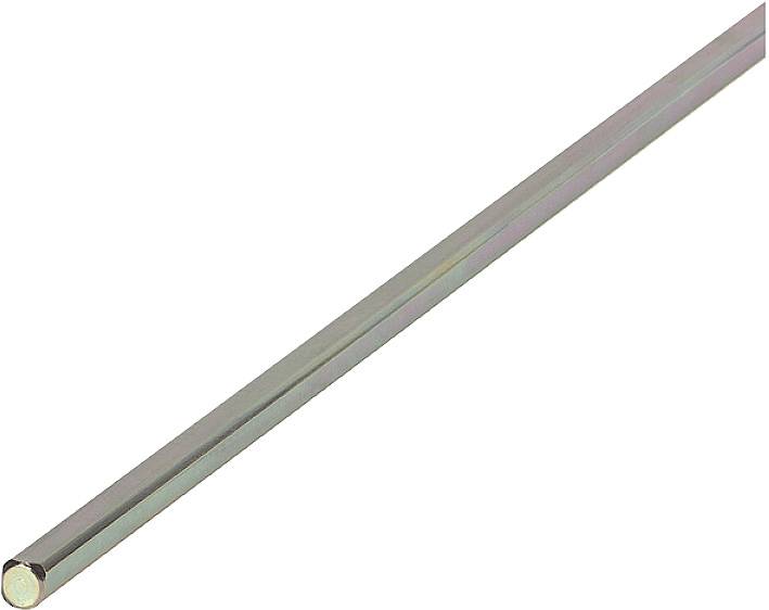 Une longue tige métallique lisse et cylindrique sur un fond blanc.