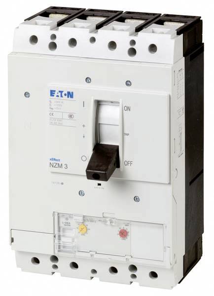 Un disjoncteur Eaton avec l'étiquetage 'ON' et 'OFF'. Il a un boîtier blanc et un interrupteur noir au centre.