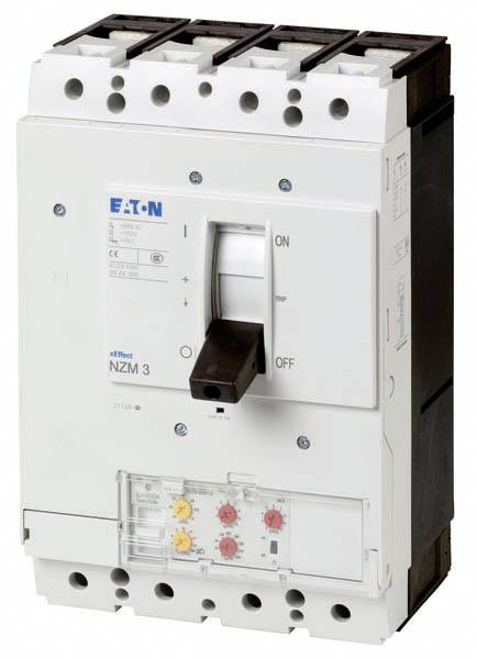 Un disjoncteur électrique Eaton, modèle NZM 3, avec levier de mise en marche et d'arrêt et des voyants de contrôle colorés.