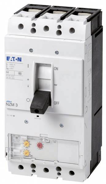Disjoncteur Eaton avec un levier de mise en marche et d'arrêt, modèle 'NZM 3', dans un boîtier blanc.