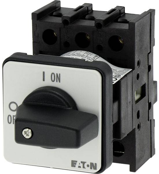Un interrupteur rotatif noir portant les inscriptions « I ON » et « O OFF », monté sur une plaque de connexion électrique d'Eaton.