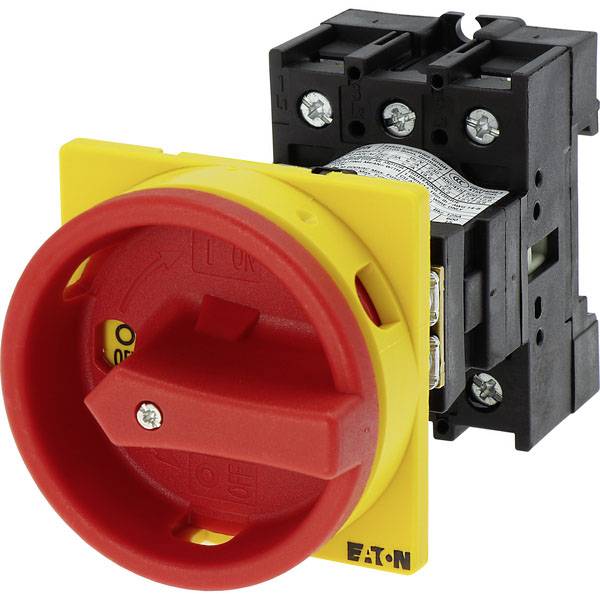 Interrupteurs rotatifs en jaune et rouge pour le contrôle d'appareils électriques, munis de plusieurs vis pour la fixation et le câblage.