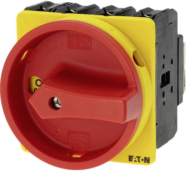 Un bouton d'arrêt d'urgence rouge sur une base jaune. L'interrupteur est réglé sur 'ON'. Logo du fabricant 'Eaton' en bas à droite.