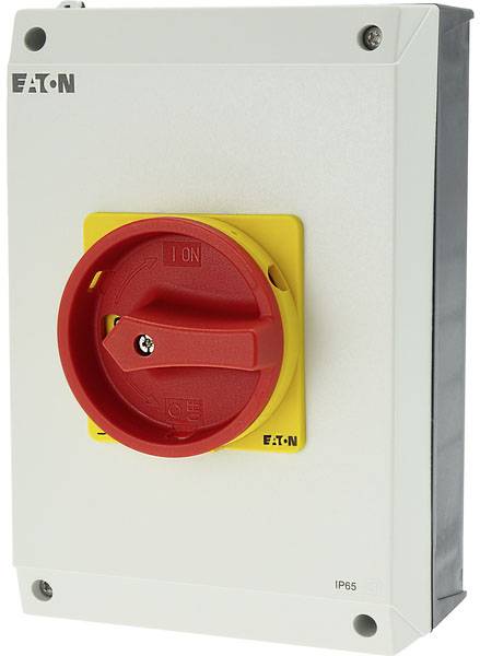 Un boîtier de commutation électrique gris avec un bouton rotatif rouge et jaune, conçu pour contrôler les flux électriques, adapté aux applications industrielles.