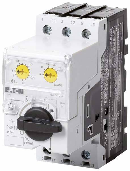 Un interrupteur électrique de protection avec bouton rotatif et molettes jaunes pour le contrôle de la protection contre les surintensités dans des applications industrielles.