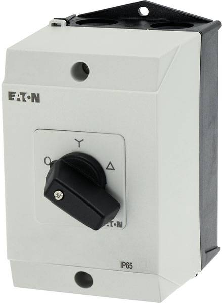 Interrupteur électrique Eaton dans un boîtier gris avec un bouton rotatif noir, marqué 