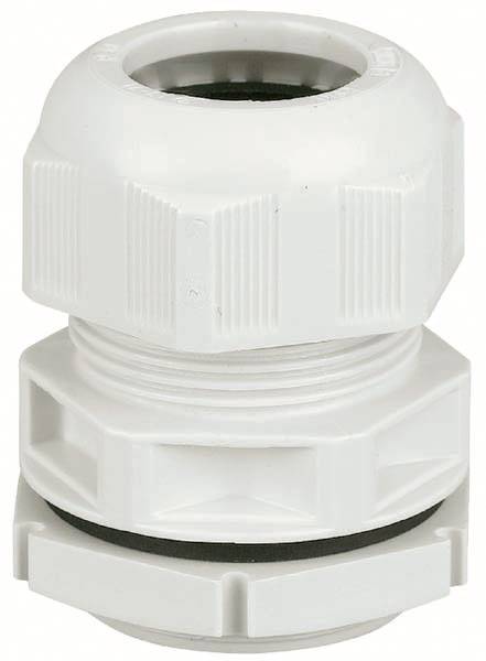 Un presse-étoupe blanc, cylindrique avec un boîtier extérieur rainuré et un joint d'étanchéité, est utilisé pour la fixation sécurisée des câbles.