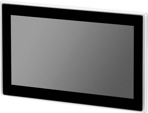 Moniteur plat et rectangulaire avec écran noir et bordure argentée étroite.