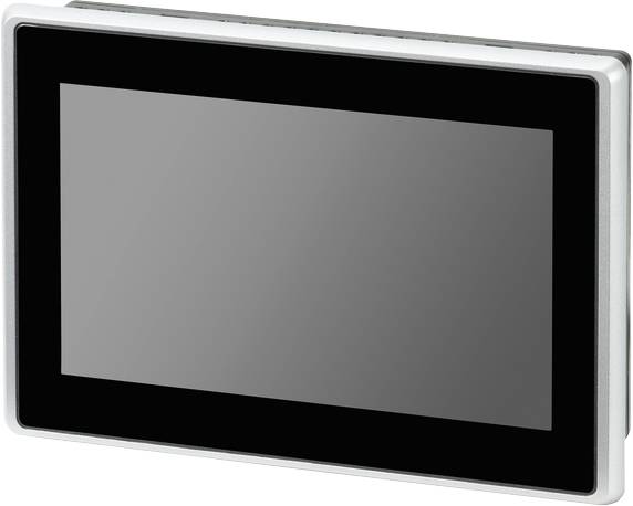 Un moniteur tactile noir rectangulaire avec un cadre argenté. L'écran affiche un arrière-plan d'écran neutre.