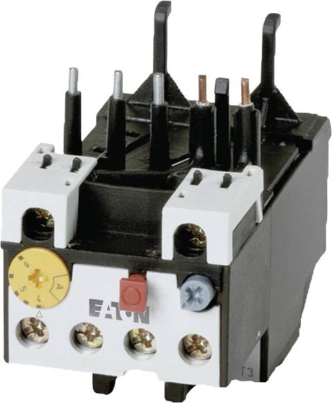 Un relais de surcharge thermique Eaton, série T3, avec bouton de réglage jaune et bouton de test rouge et bleu. Principalement utilisé pour la protection des moteurs.
