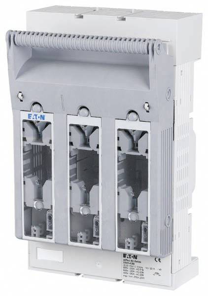Un disjoncteur de sécurité électrique avec connexions triphasées, gris et blanc, fabriqué par Eaton, vue de face.