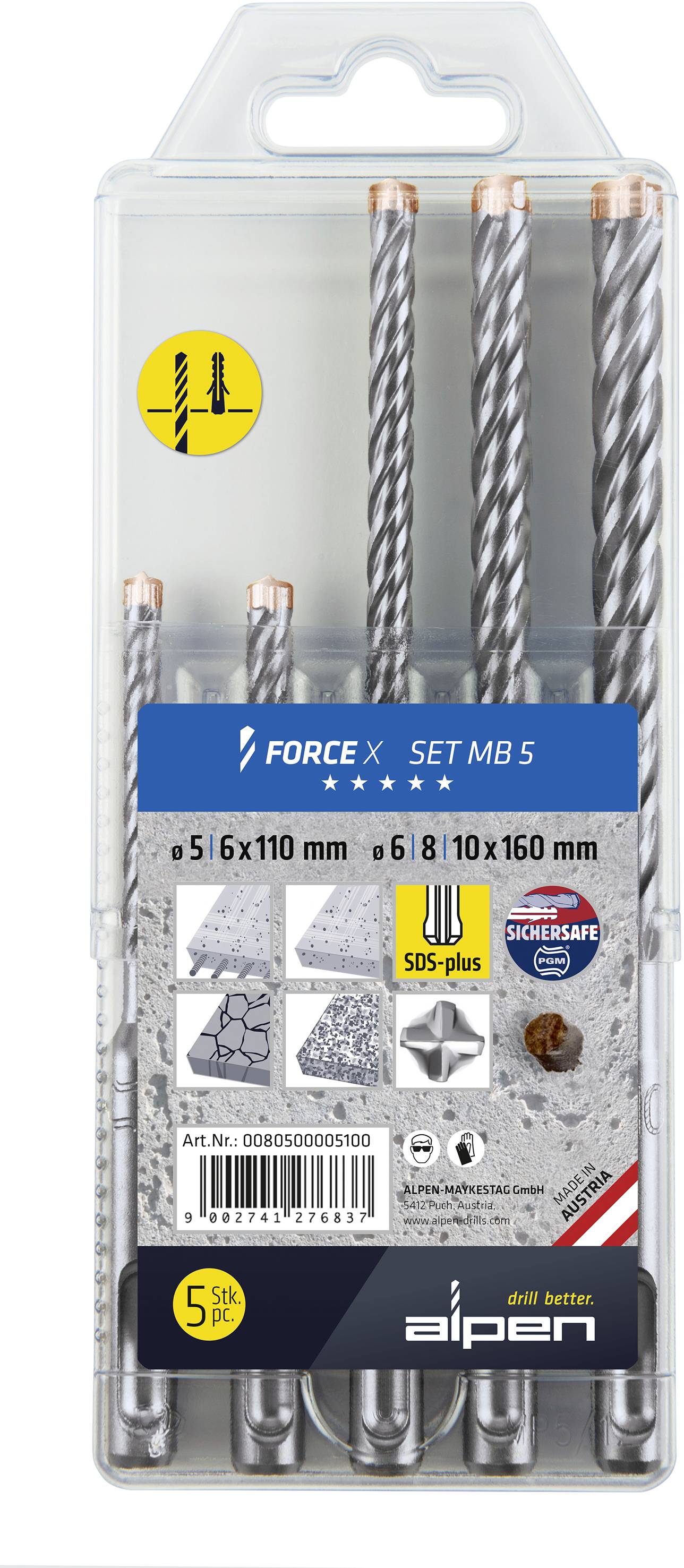 Ensemble de forets SDS-plus 'FORCE X SET MB 5' avec des diamètres de 5, 6, 8, 10 mm. Adapté pour le béton, la brique et la pierre. Lot de 5 pièces.
