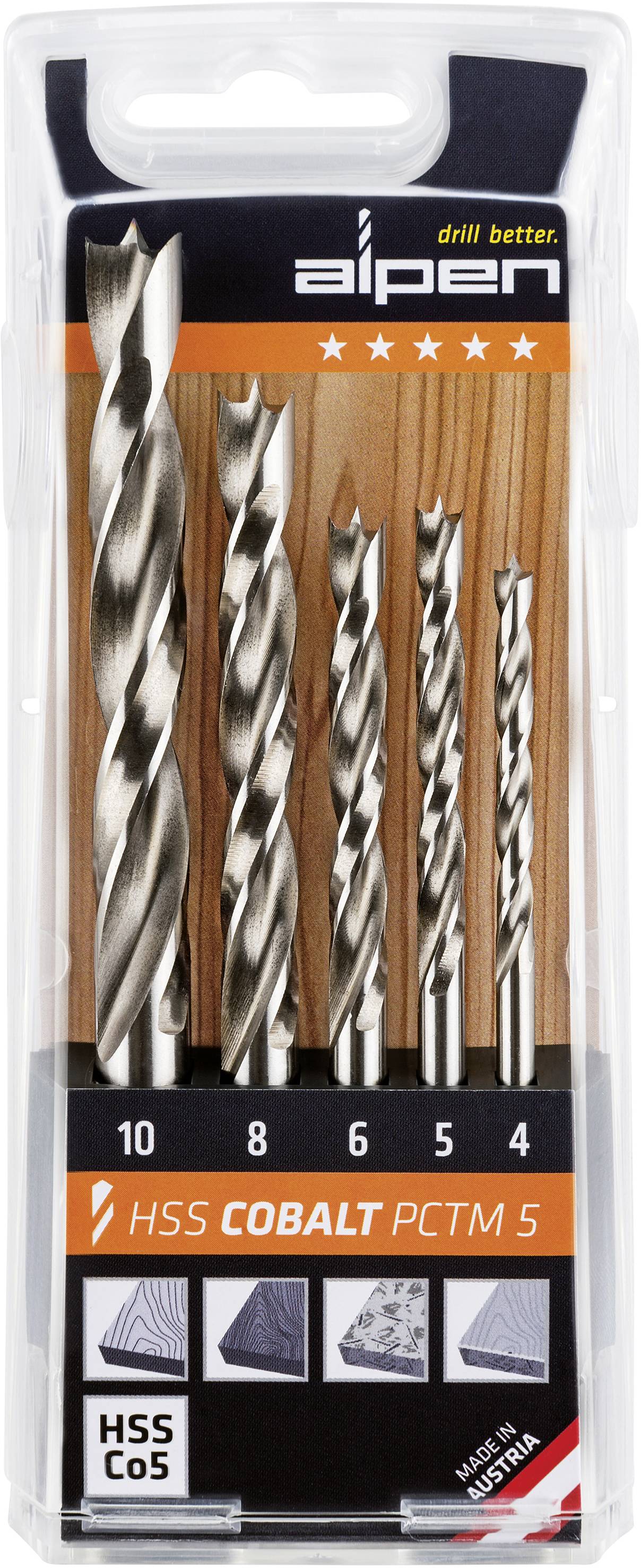 Coffret de forets en boîte plastique, six forets HSS-Cobalt de tailles différentes, adaptés pour l'usinage des métaux. Fabricant : Alpen.