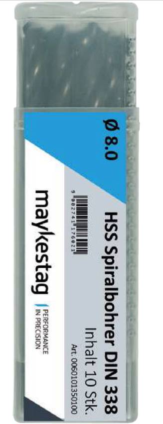 Emballage grise avec forets hélicoïdaux HSS DIN 338, Ø 8.0, lot de 10 pièces. Marque : maykestag. Étiquette en bleu et gris.