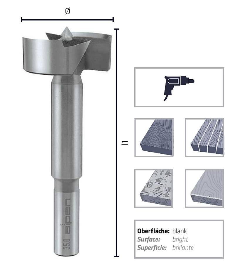Mèche de Forstner à surface lisse, adaptée pour le bois et les matériaux revêtus. Illustrée avec dimensions et exemples d'application.
