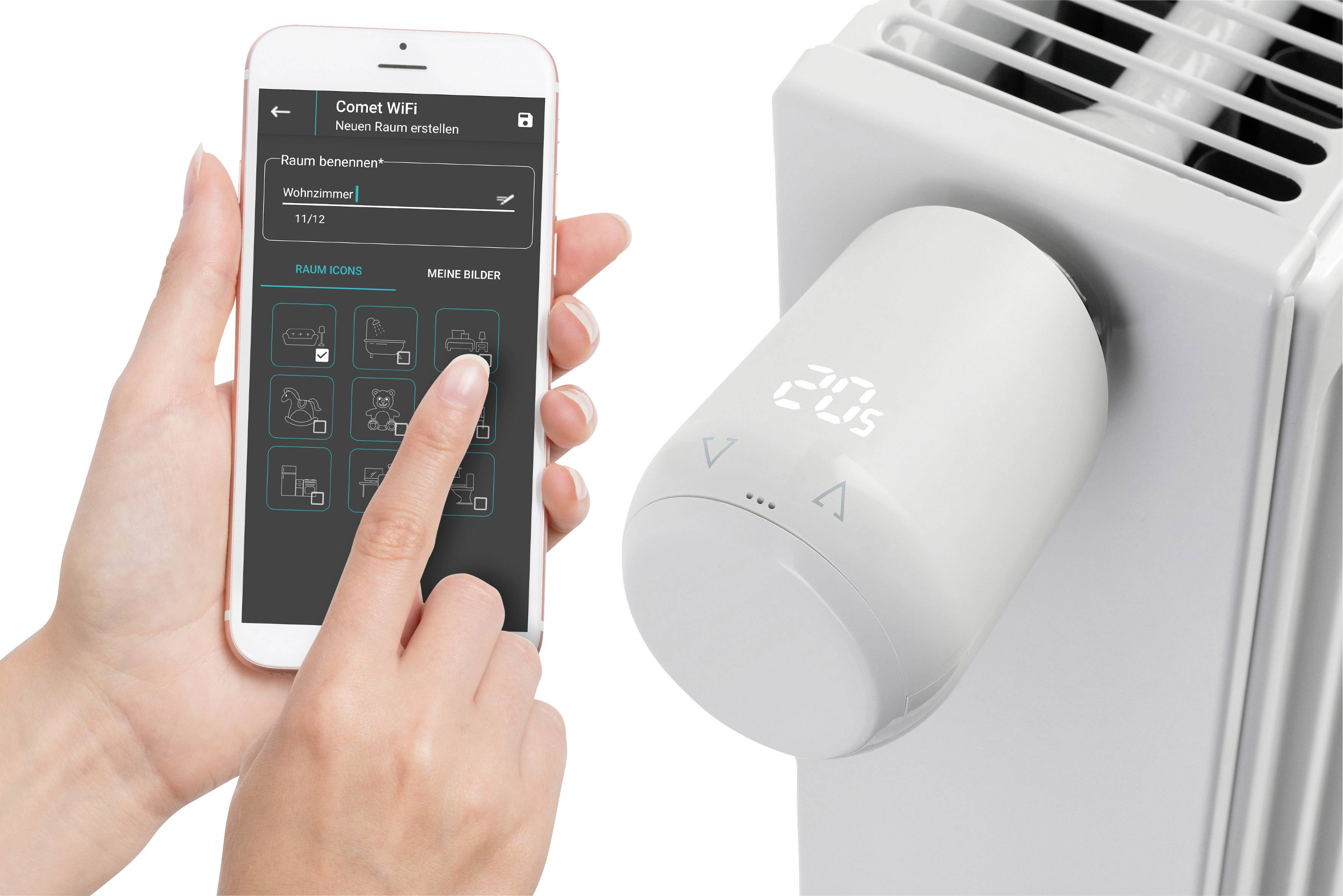 Une main tient un smartphone avec une application de contrôle d'un thermostat de radiateur intelligent, affichant 20°C. Domotique.