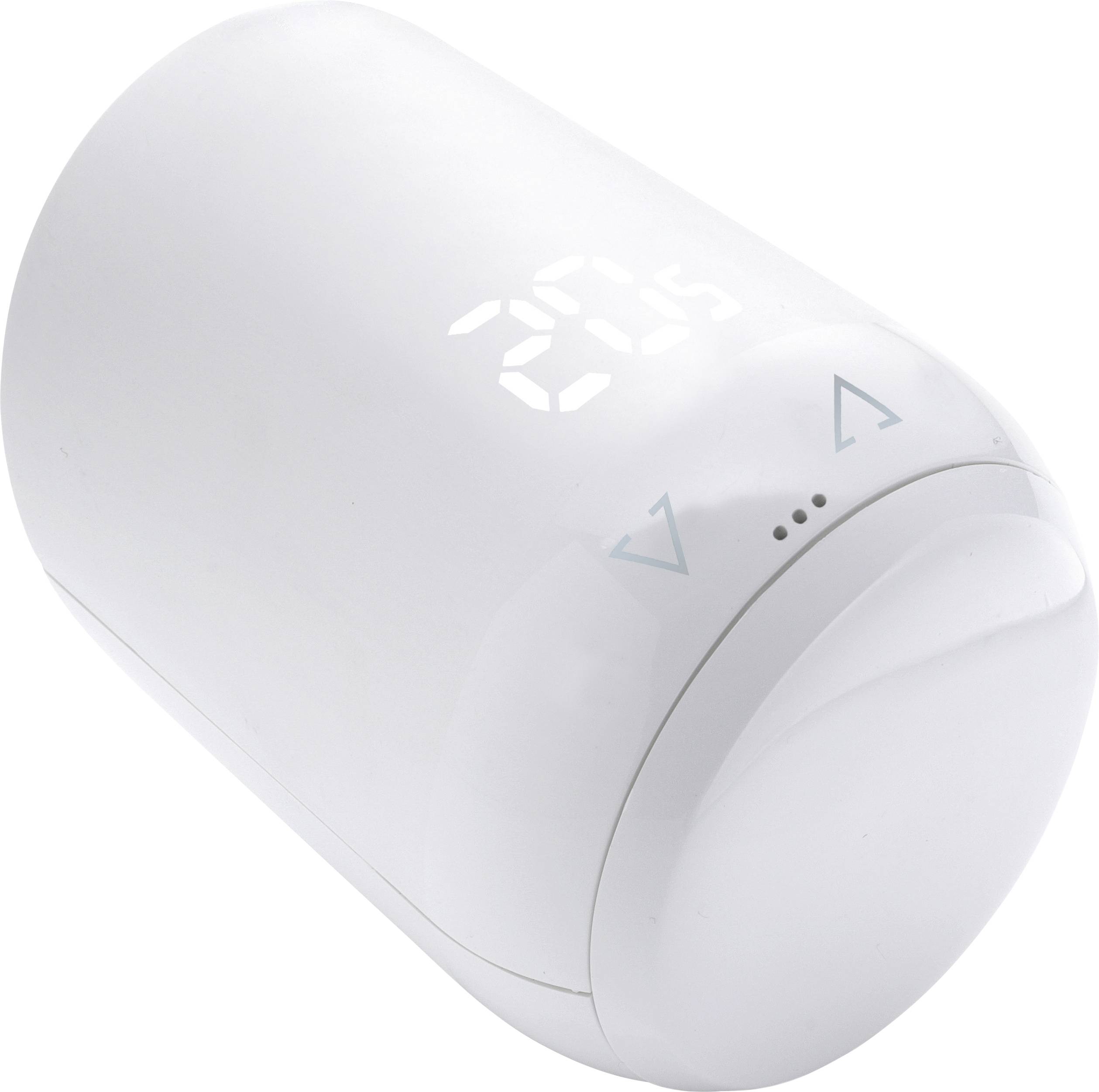 Un thermostat blanc cylindrique avec un affichage numérique de la température indique 20,5 degrés. Des touches avec des symboles de flèches permettent de régler la température.