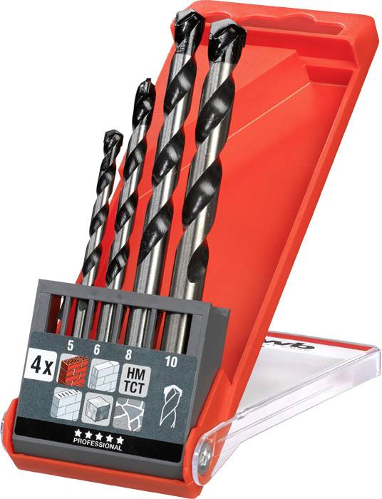 Un étui en plastique rouge contenant quatre forets de différentes tailles. L'étiquetage indique les tailles : 5, 6, 8, 10 mm.