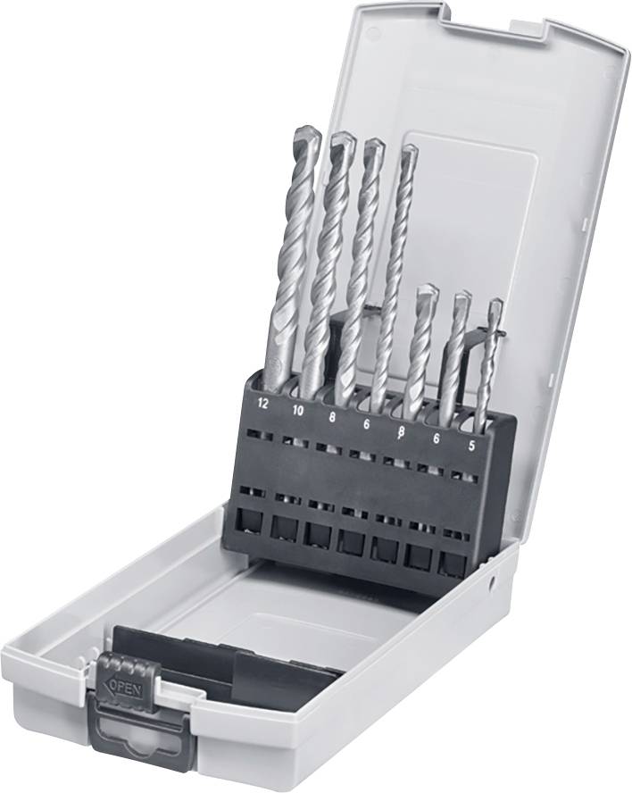 Un coffret en plastique blanc contenant six forets métalliques de différentes tailles, soigneusement rangés dans leur support.
