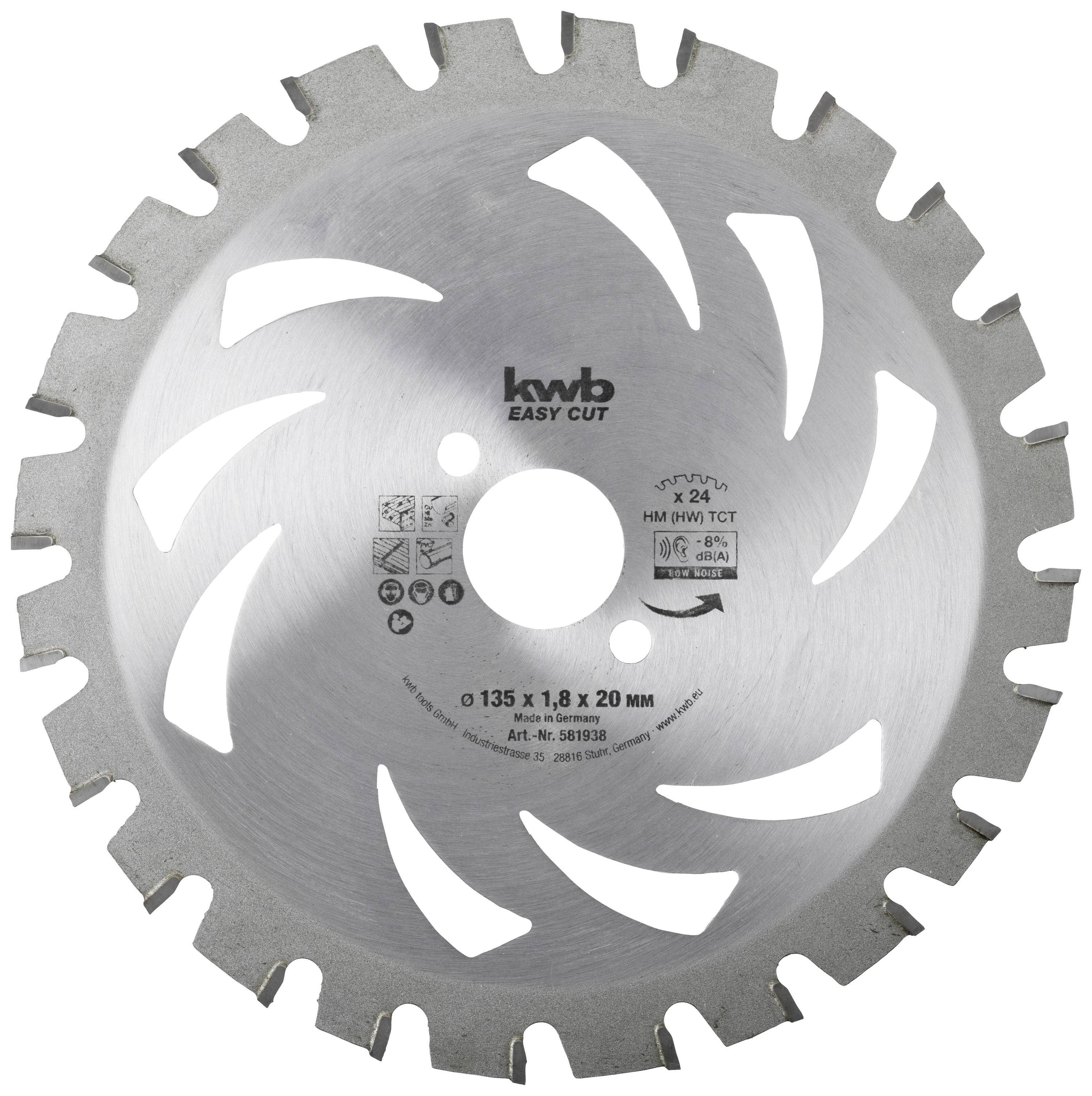 Lame de scie circulaire avec 16 dents et inscription 'kwb EASY CUT'. Diamètre 135 mm, épaisseur 1,8 mm. Convient pour les travaux sur bois.