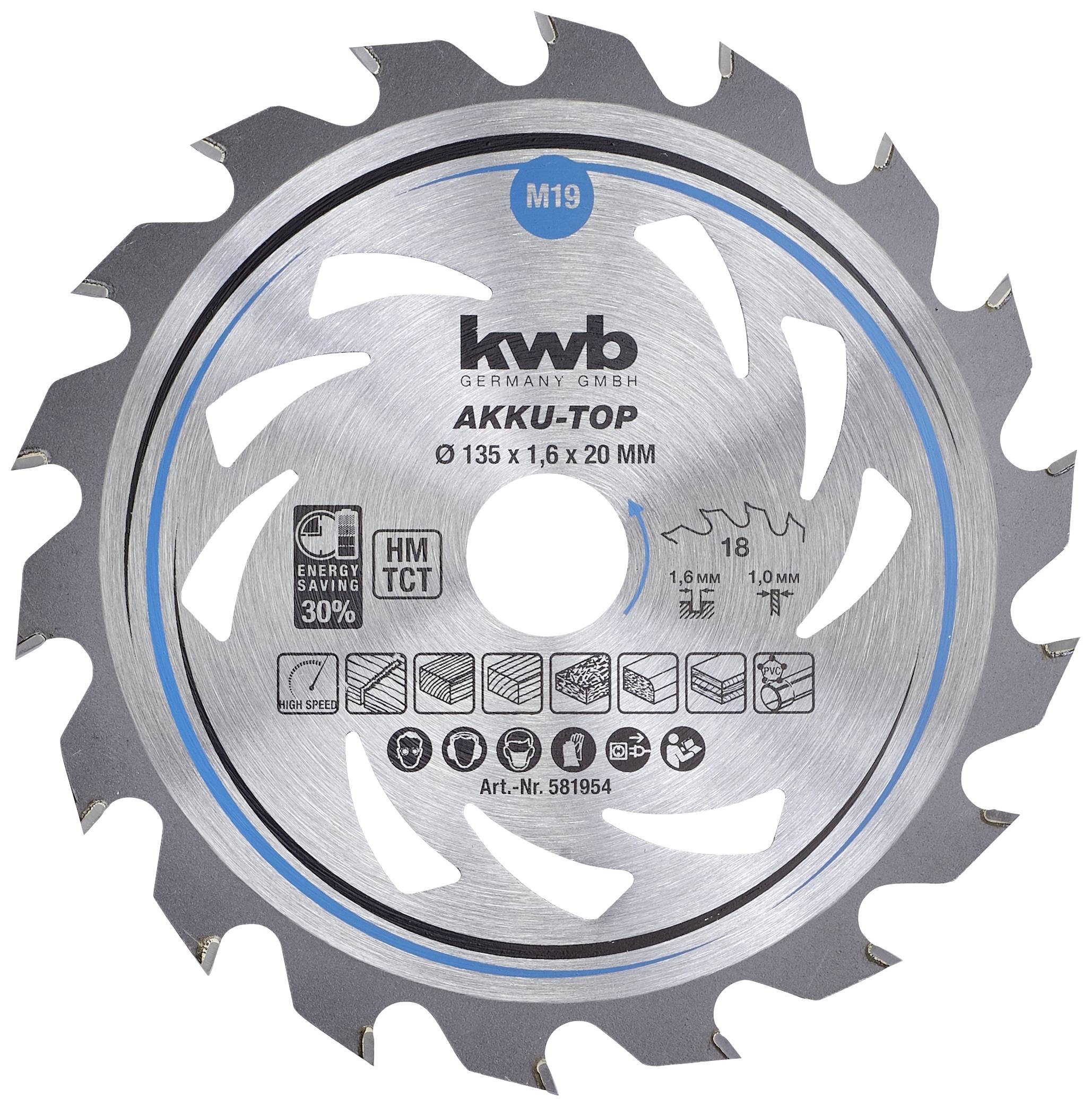 Lame de scie circulaire avec 18 dents, adaptée au bois et aux matières plastiques, taille 135x1,6x20 mm, réduit les coûts énergétiques de 30%.
