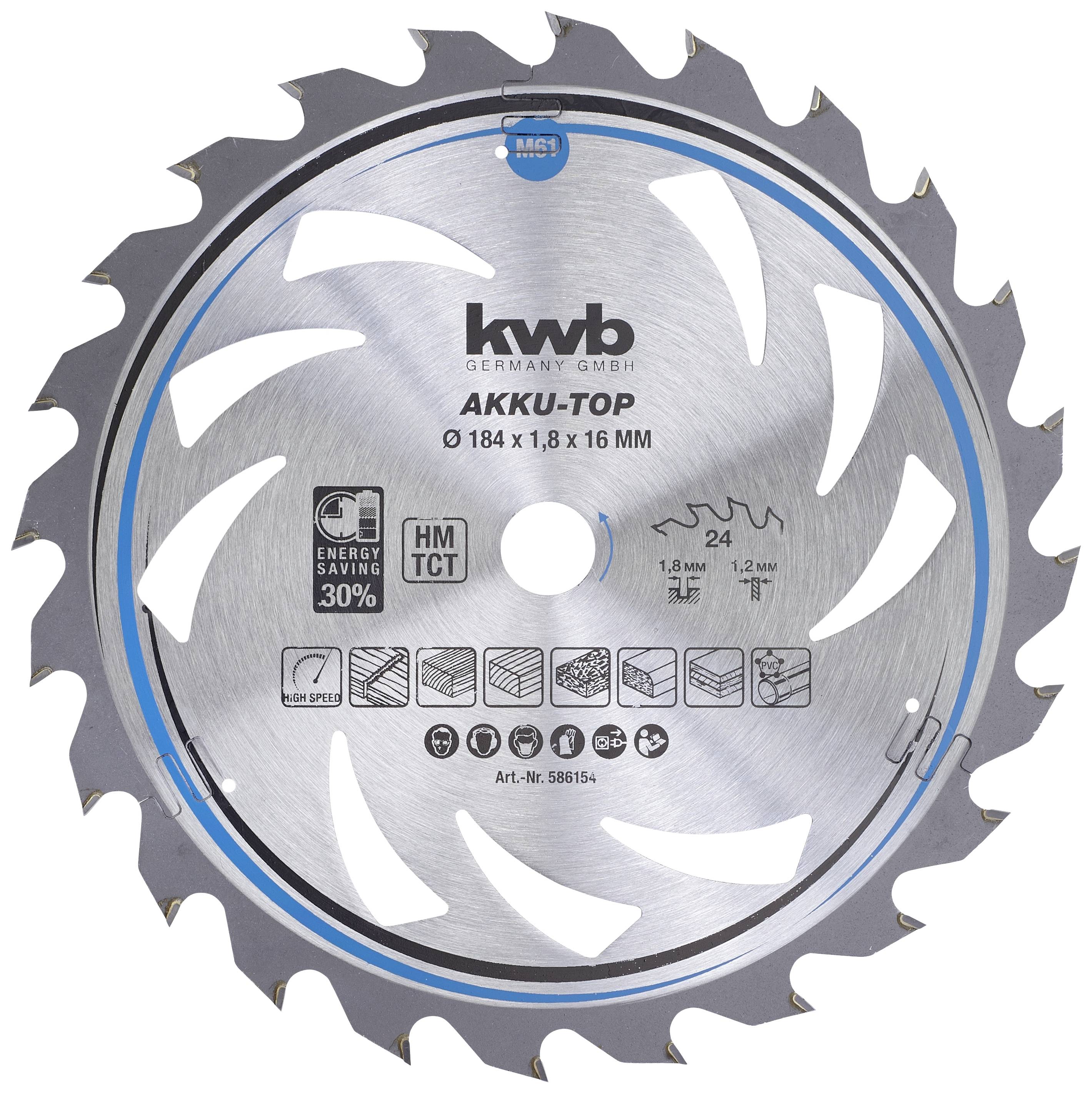 'Lame de scie Akku-Top de KWB, diamètre 184 mm, 24 dents, économie d'énergie de 30 %, adaptée au bois, plastique et aluminium.'