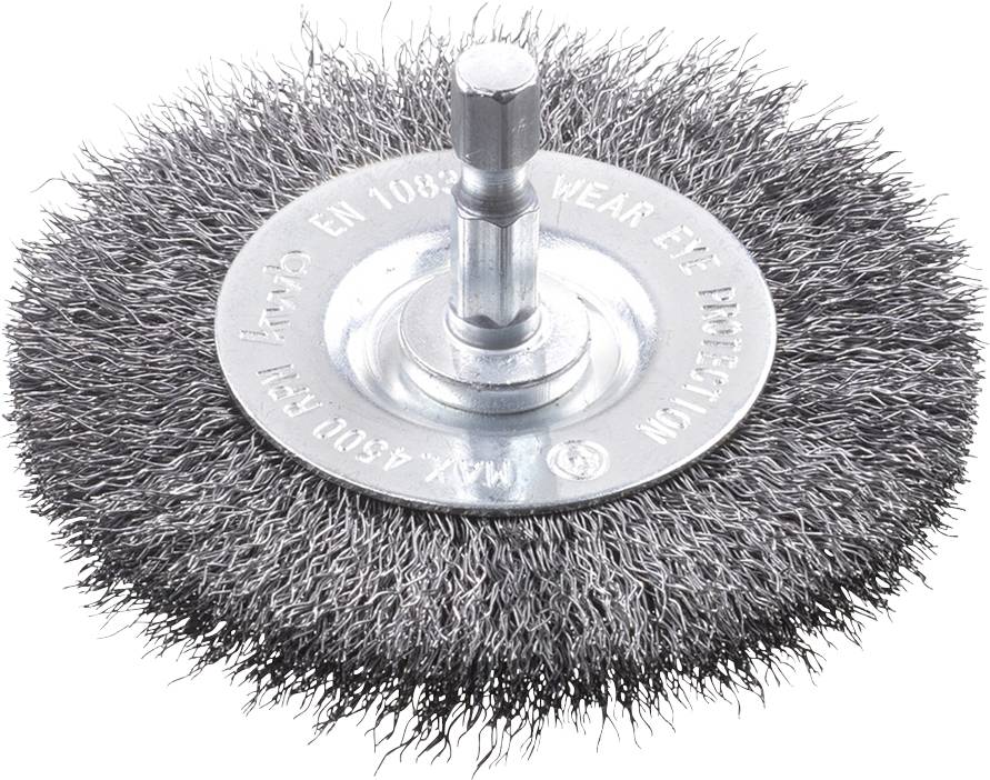 Brosse métallique circulaire, avec poils en métal et tige centrale. Utilisée pour enlever la rouille ou la peinture sur des surfaces métalliques.