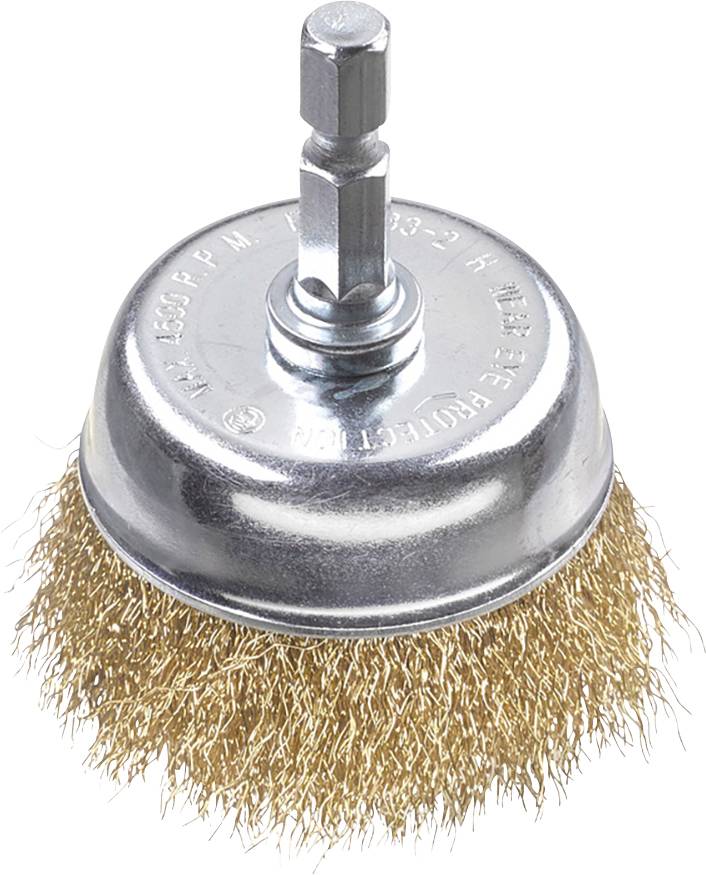 Embout de brosse métallique pour perceuse, utilisé pour éliminer la rouille et la peinture, avec des poils en acier et tige hexagonale.